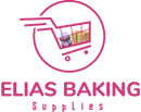 shopping cart filled with baking supplies inside a circle with the words Elias Baking Supplies below the circle and cart